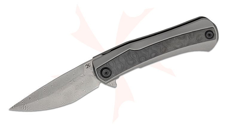 Kansept Knives Kratos Flipper Knife 3.79 inch Damascus Clip Point Blade, Gray Titanium Handles with Black Rose Carbon Fiber Inlays