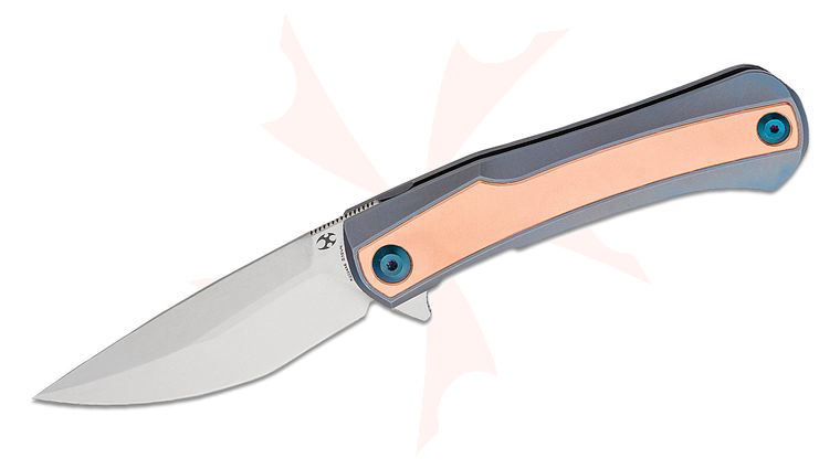 Kansept Knives Kratos Flipper Knife 3.79 inch S35VN Stonewash Clip Point Blade, Blue Titanium Handles with Red Copper Inlays