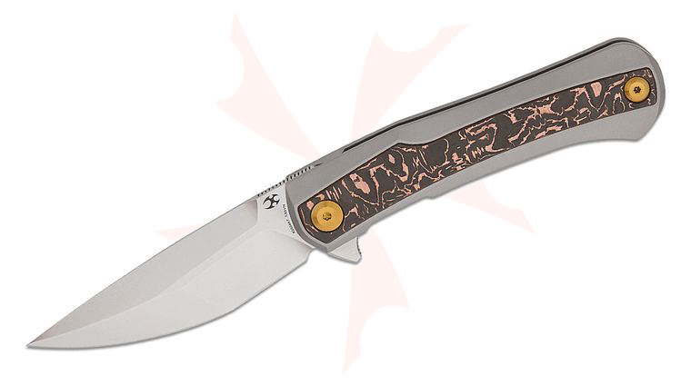 Kansept Knives Kratos Frame Lock Flipper Knife 3.79 inch S35VN Stonewashed Clip Point Blade, Bead Blasted Titanium Handles with Copper Foil Carbon Fiber Inlays