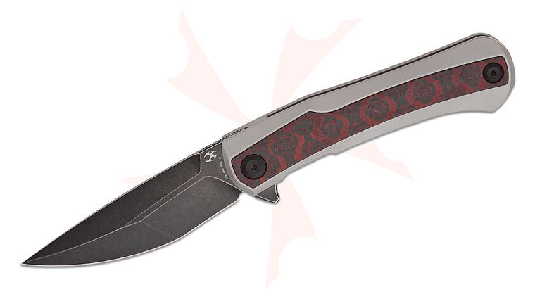 Kansept Knives Kratos Frame Lock Flipper Knife 3.79 inch S35VN Black Stonewashed Clip Point Blade, Bead Blasted Titanium Handles with Red and Black Carbon Fiber Inlays