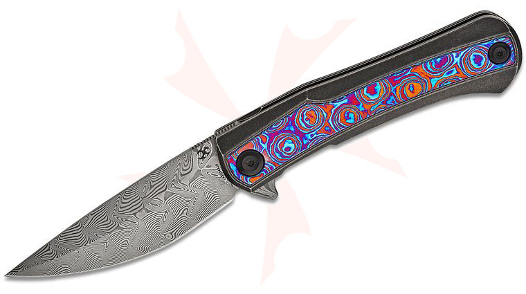 Kansept Knives Kratos Flipper Knife 3.79 inch Damascus Clip Point Blade, Dark Stonewash Titanium Handles with Timascus Inlays