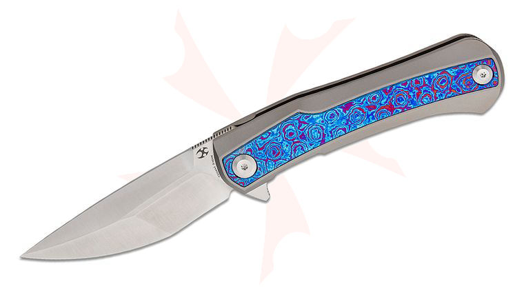 Kansept Knives Kratos Flipper Knife 3.79 inch CPM-S35VN Satin Clip Point Blade, Titanium Handles with Blue Timascus Inlays