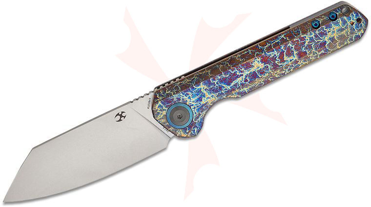 Kansept Knives Bulldozer Front Flipper Knife 3.56 inch CPM-20CV Stonewashed Reverse Tanto Blade, Lightning Strike Titanium Handles