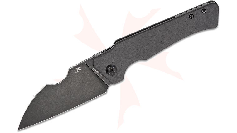 Kansept Knives Nick Rogers Egress Liner Lock Front Flipper Knife 3.47 inch S35VN Black Stonewashed Wharncliffe Blade, Shredded Carbon Fiber Handles