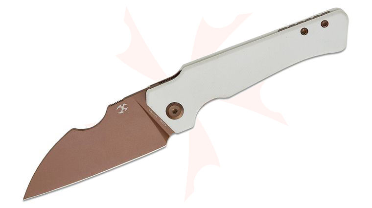 Kansept Knives Nick Rogers Egress Liner Lock Front Flipper Knife 3.47 inch S35VN Rose Gold Coated Wharncliffe Blade, White G10 Handles