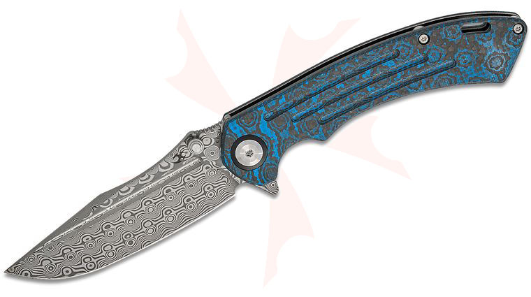 Kansept Knives Pretatout Liner Lock Flipper Knife 3.56 inch Damascus Drop Point Blade, Blue Rose Carbon Fiber Handles