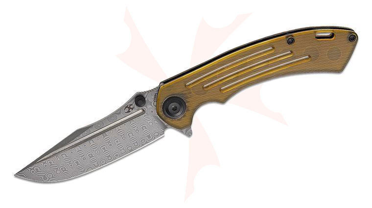 Kansept Knives Pretatout Liner Lock Flipper Knife 3.56 inch Damascus Drop Point Blade, Amber Ultem Handles