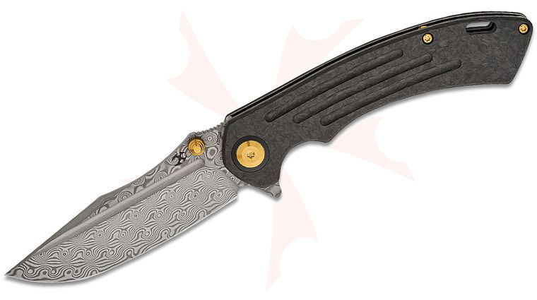 Kansept Knives Pretatout Liner Lock Flipper Knife 3.56 inch Damascus Drop Point Blade, Twill Carbon Fiber Handles w/ Gold Hardware