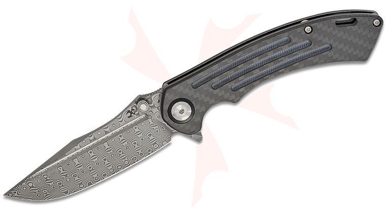 Kansept Knives Pretatout Liner Lock Flipper Knife 3.56 inch Damascus Drop Point Blade, Twill Carbon Fiber Handles