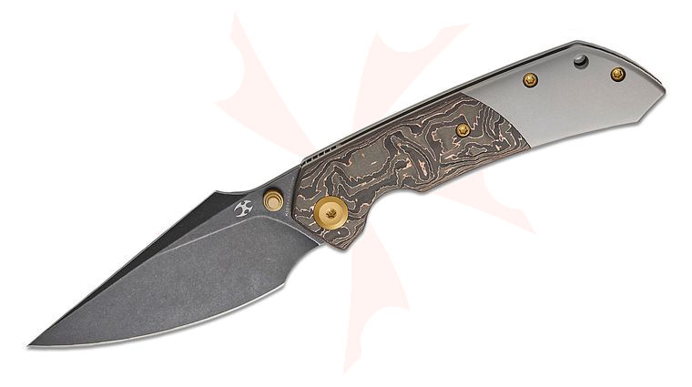 Kansept Knives Fenrir Liner Lock Front Flipper Knife 3.48 inch CPM-S35VN Black Stonewashed Harpoon Blade, Gray Titanium Handles with Copper Carbon Fiber Inlays