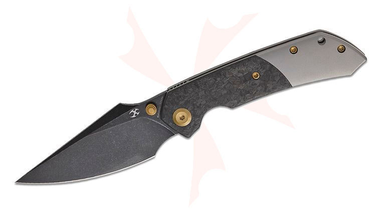 Kansept Knives Fenrir Liner Lock Front Flipper Knife 3.48 inch CPM-S35VN Black Stonewashed Harpoon Blade, Gray Titanium Handles with Shred Carbon Fiber Inlays