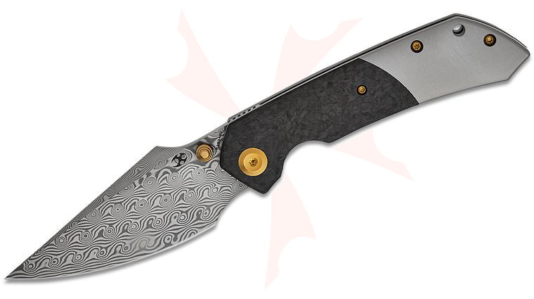 Kansept Knives Fenrir Liner Lock Front Flipper Knife 3.48 inch Damascus Harpoon Blade, Titanium Handles with Shredded Carbon Fiber Inlays