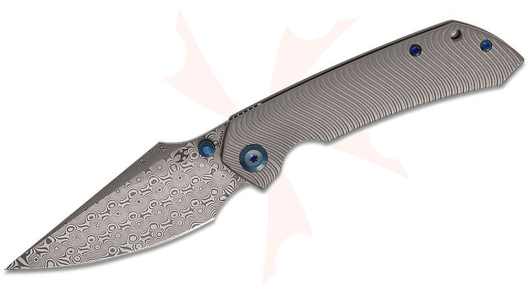 Kansept Knives Fenrir Frame Lock Front Flipper Knife 3.48 inch Damascus Harpoon Blade, Bead Blasted Micro Milled  inchWater Ripple inch Titanium Handles