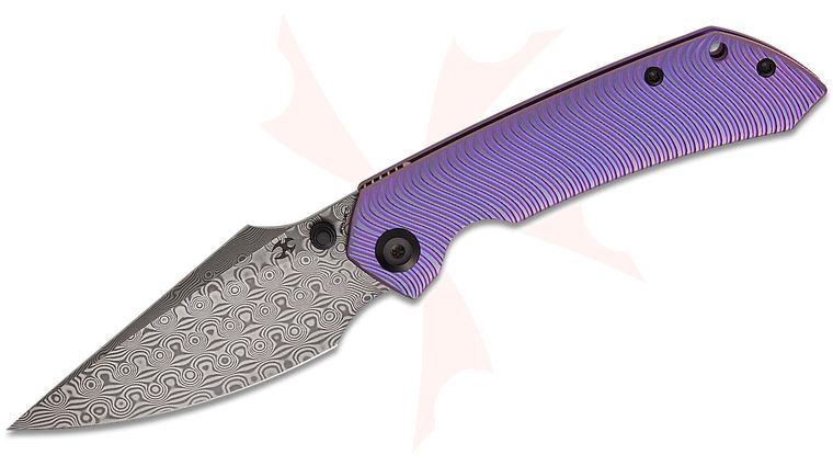 Kansept Knives Fenrir Frame Lock Front Flipper Knife 3.48 inch Damascus Harpoon Blade, Purple Micro Milled  inchWater Ripple inch Titanium Handles