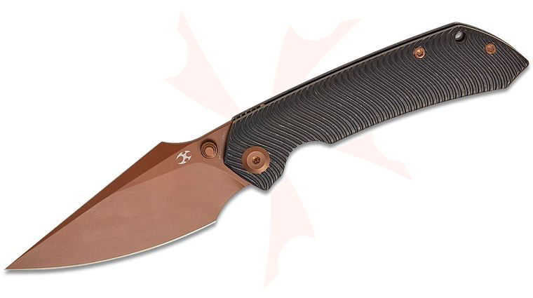 Kansept Knives Fenrir Frame Lock Front Flipper Knife 3.48 inch S35VN Rose Gold Harpoon Blade, Black Stonewashed Micro Milled  inchWater Ripple inch Titanium Handles