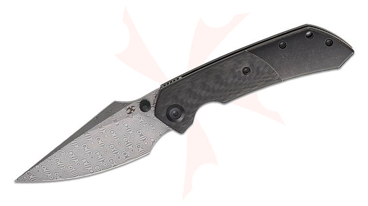 Kansept Knives Fenrir Liner Lock Front Flipper Knife 3.48 inch Damascus Harpoon Blade, Black Stonewashed Titanium Handles with Twill Carbon Fiber Inlays