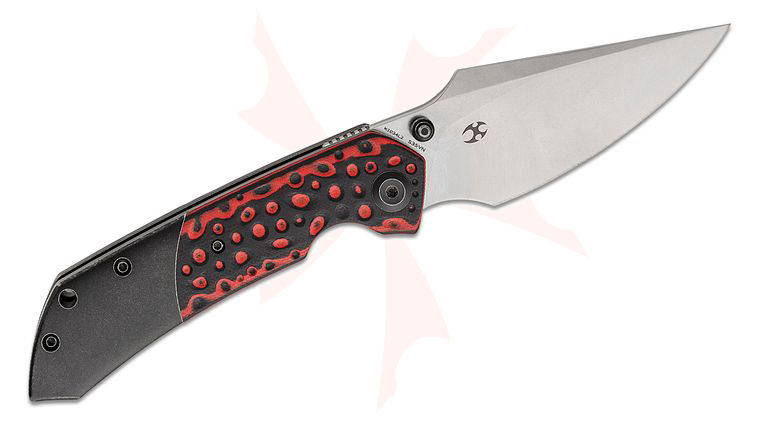 Kansept Knives Fenrir Left Handed Front Flipper 3.48 inch CPM-S35VN Black Stonewashed Harpoon Blade, Black Titanium Handles with Red and Black G10 Inlays