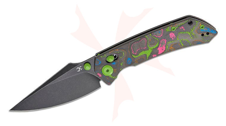 Kansept Knives Fenrir Crossbar Lock Folding Knife 3.48 inch CPM-S35VN Black Stonewashed Harpoon Blade, 80's CamoCarbon Handles