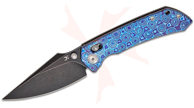 Kansept Knives Fenrir Crossbar Lock Folding Knife 3.48 inch CPM-S35VN Black Stonewashed Harpoon Blade, Timascus Handles