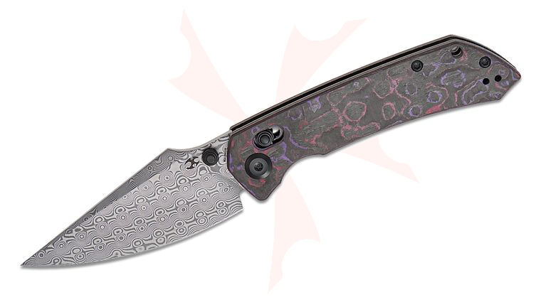 Kansept Knives Fenrir Crossbar Lock Folding Knife 3.48 inch Damascus Harpoon Blade, Purple Haze FatCarbon Handles, Reversible Clip