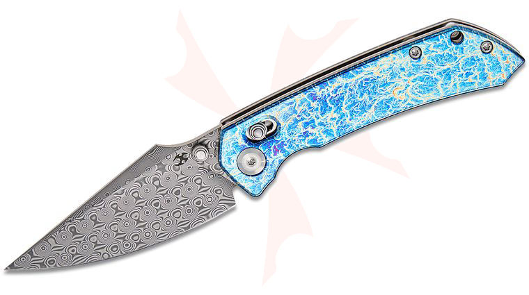 Kansept Knives Fenrir Crossbar Lock Folding Knife 3.48 inch Damascus Harpoon Blade, Lightning Strike Titanium Handles