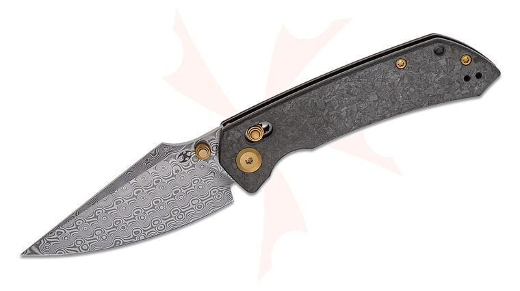 Kansept Knives Fenrir Crossbar Lock Folding Knife 3.48 inch Damascus Harpoon Blade, Shred Carbon Fiber Handles, Reversible Clip