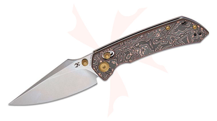 Kansept Knives Fenrir Crossbar Lock Folding Knife 3.48 inch S35VN Stonewashed Harpoon Blade, Copper Carbon Fiber Handles, Reversible Clip