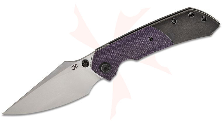 Kansept Knives Fenrir Liner Lock Front Flipper 3.48 inch CPM-S35VN Stonewashed Harpoon Blade, Black Titanium Handles with Purple Micarta Inlays