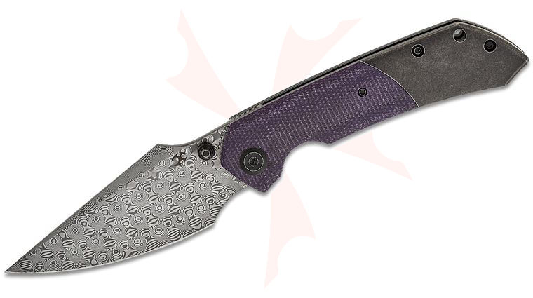 Kansept Knives Fenrir Liner Lock Front Flipper 3.48 inch Damascus Harpoon Blade, Black Titanium Handles with Purple Micarta Inlays