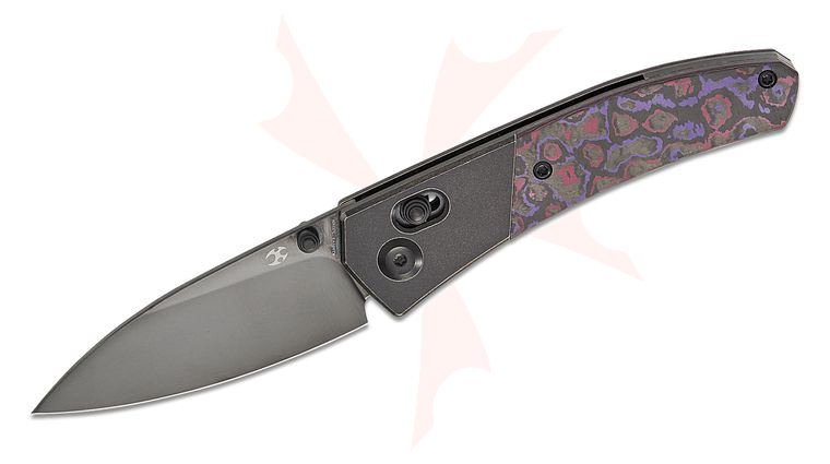 Kansept Knives Dako Folding Knife 3.19 inch CPM-S35VN Mirror DLC Drop Point Blade, Black Stonewashed Titanium and Purple Haze FatCarbon Handles