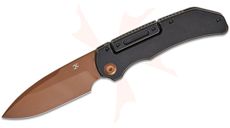 Kansept Knives Hazard Bali-Lock Folding Knife 3.63 inch CPM-S35VN Rose Gold Coated Drop Point Blade, Black Stonewashed Titanium Handles