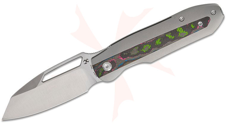 Kansept Knives Thunderhead Front Flipper Knife 3.58 inch CPM-S35VN Satin Reverse Tanto Blade, Stonewashed Titanium Handles with 80s CamoCarbon Inlays