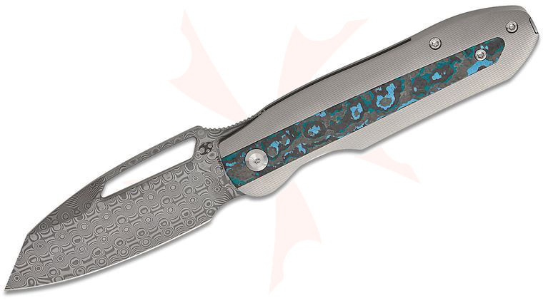 Kansept Knives Thunderhead Front Flipper Knife 3.58 inch CPM-S35VN Damascus Reverse Tanto Blade, Stonewashed Titanium Handles with Arctic Storm Carbon Fiber Inlays