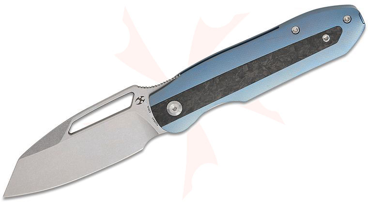 Kansept Knives Thunderhead Front Flipper Knife 3.58 inch CPM-S35VN Stonewashed Reverse Tanto Blade, Blue Anodized Titanium Handles with Shred Carbon Fiber Inlays