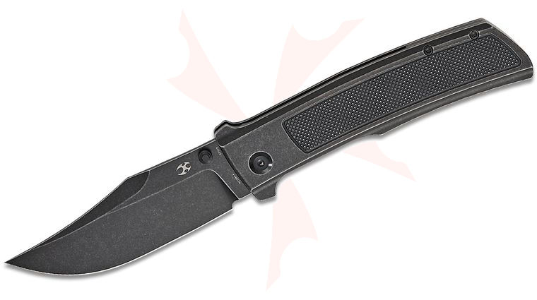 Kansept Knives Ray Laconico Bison Flipper Knife 4.25 inch CPM-S35VN Black Stonewashed Clip Point Blade, Black Stonewashed Frag Pattern Titanium Handles