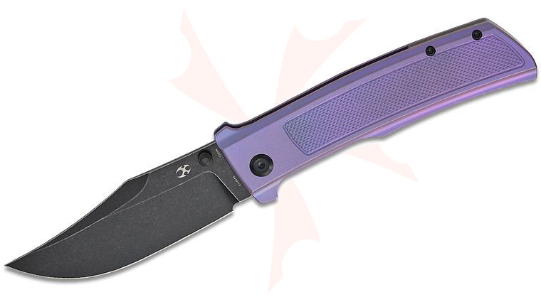 Kansept Knives Ray Laconico Bison Flipper Knife 4.25 inch CPM-S35VN Black Stonewashed Clip Point Blade, Purple Frag Pattern Titanium Handles