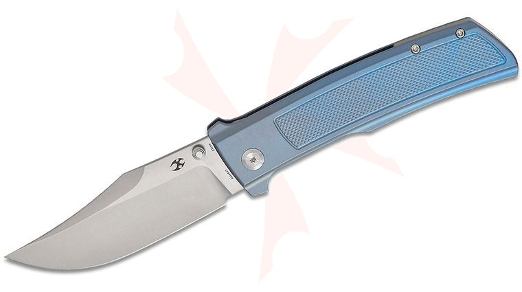 Kansept Knives Ray Laconico Bison Flipper Knife 4.25 inch CPM-S35VN Satin Clip Point Blade, Blue Frag Pattern Titanium Handles