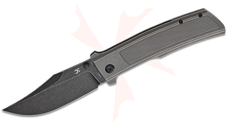 Kansept Knives Ray Laconico Bison Flipper Knife 4.25 inch CPM-S35VN Black Stonewashed Clip Point Blade, Gray Stonewashed Frag Pattern Titanium Handles