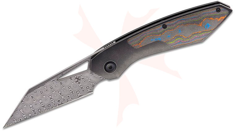Kansept Knives Ron Steele Design Strip Frame Lock Front Flipper Knife 3.4 inch Damascus Wharncliffe Blade, Black Stonewashed Titanium Handle with 80s Camo Carbon Fiber Inlays