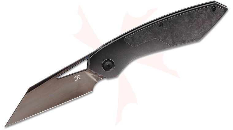 Kansept Knives Ron Steele Design Strip Frame Lock Front Flipper Knife 3.4 inch MagnaCut Mirror Black DLC Wharncliffe Blade, Black Stonewashed Titanium Handle with Shred Carbon Fiber Inlays