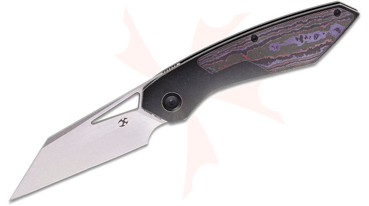 Kansept Knives Ron Steele Design Strip Frame Lock Front Flipper Knife 3.4 inch MagnaCut Stonewashed Wharncliffe Blade, Black Stonewashed Titanium Handle with Purple Haze FatCarbon Inlays