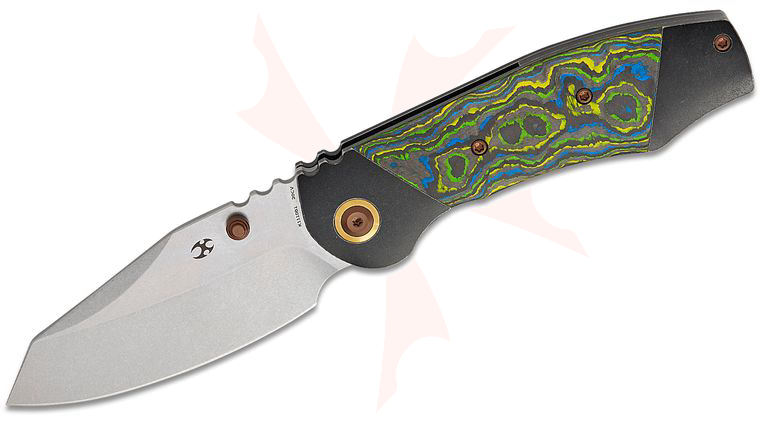 Kansept Knives CAVEMAN Folding Knife 3.57 inch CPM-20CV Stonewashed Reverse Tanto Blade, Black Stonewashed Titanium Handles with Gecko CamoCarbon Inlays