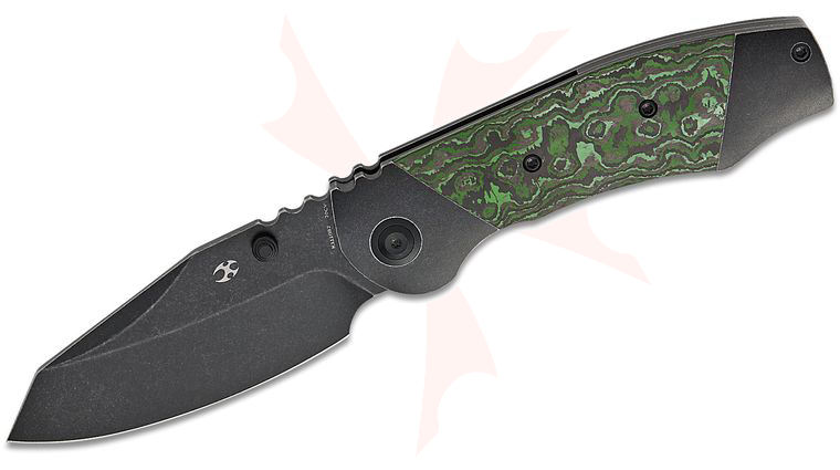 Kansept Knives CAVEMAN Folding Knife 3.57 inch CPM-20CV Black Stonewashed Reverse Tanto Blade, Black Stonewashed Titanium Handles with Jungle Wear FatCarbon Inlays