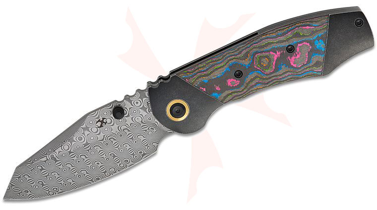 Kansept Knives CAVEMAN Folding Knife 3.57 inch Damascus Reverse Tanto Blade, Black Stonewashed Titanium Handles with 80s CamoCarbon Inlays