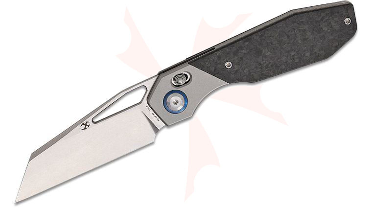 Kansept Knives QTRO Crossbar Lock Folding Knife 3.59 inch Elmax Stonewashed Wharncliffe Blade, Bead Blasted Titanium Handle with Shred Carbon Fiber Inlays