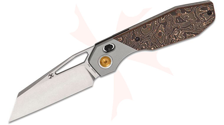 Kansept Knives QTRO Crossbar Lock Folding Knife 3.59 inch Elmax Stonewashed Wharncliffe Blade, Bead Blasted Titanium Handle with Copper Carbon Fiber Inlays
