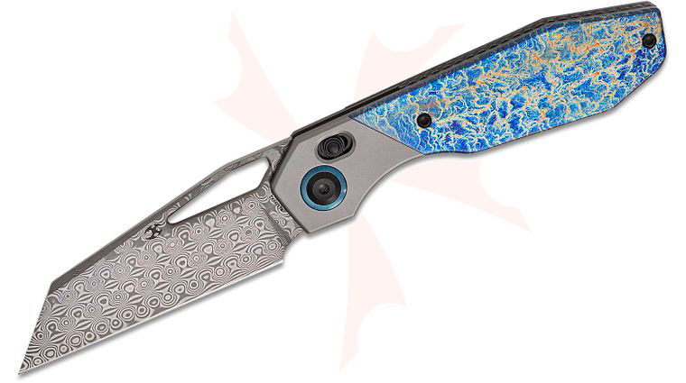 Kansept Knives QTRO Crossbar Lock Folding Knife 3.59 inch Damascus Wharncliffe Blade, Bead Blasted Titanium Handle with Entropic Titanium Inlays