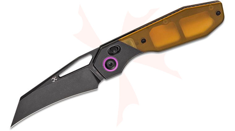 Kansept Knives QTRO Crossbar Lock Folding Knife 3.59 inch Elmax Black Stonewashed Hawkbill Blade, Black Titanium Handle with Amber Ultem Inlays
