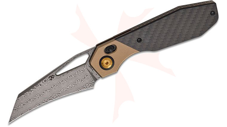 Kansept Knives QTRO Crossbar Lock Folding Knife 3.59 inch Damascus Hawkbill Blade, Bronze Titanium Handle Twill Carbon Fiber Inlays