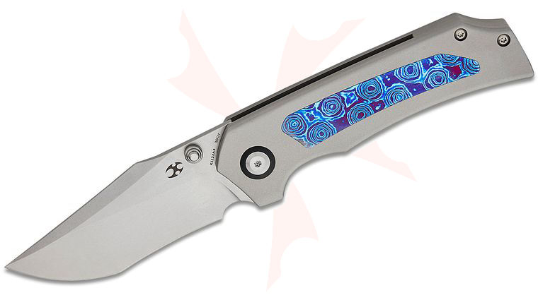 Kansept Knives Fermi Folding Knife 3.11 inch CPM-20CV Stonewashed Recurve Harpoon Point Blade, Titanium Handles with Timascus Inlays